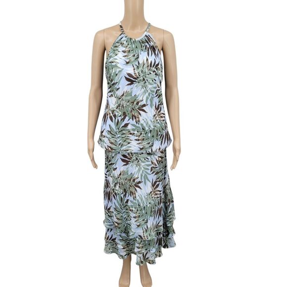 Tyler Boe Silk Blue with Green and Brown Leaf Teired Midi Skirt and Top Set - Picture 1 of 15